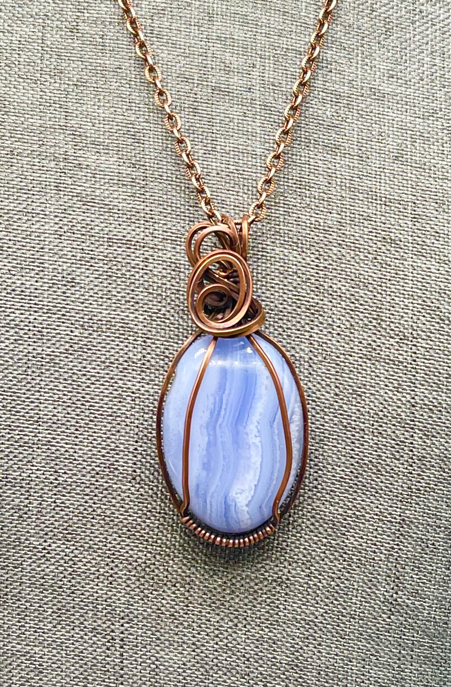 Blue Lace Agate Copper Wire Wrapped Pendant