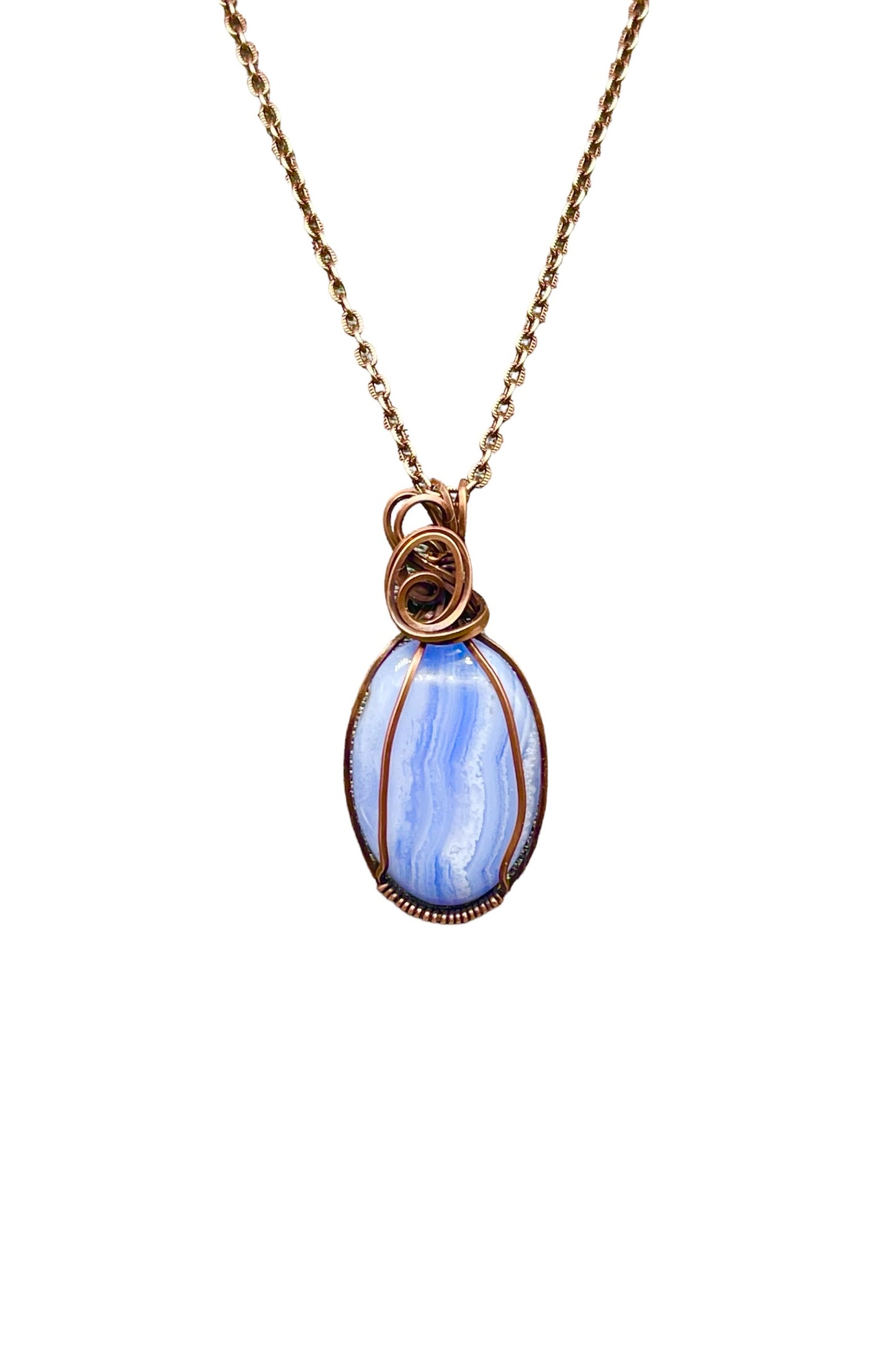 Blue Lace Agate Copper Wire Wrapped Pendant