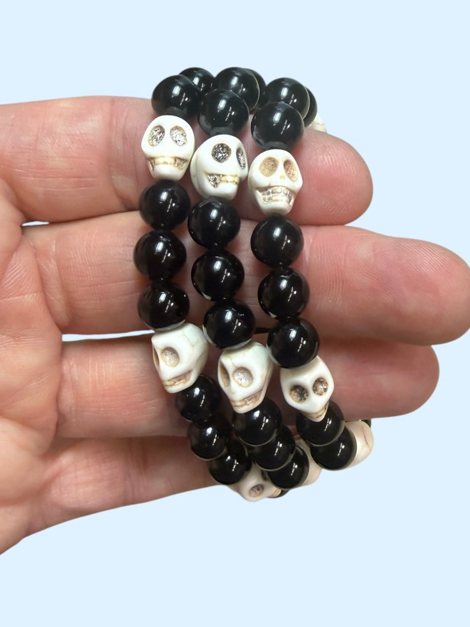Black Obsidian White Skull Bracelet