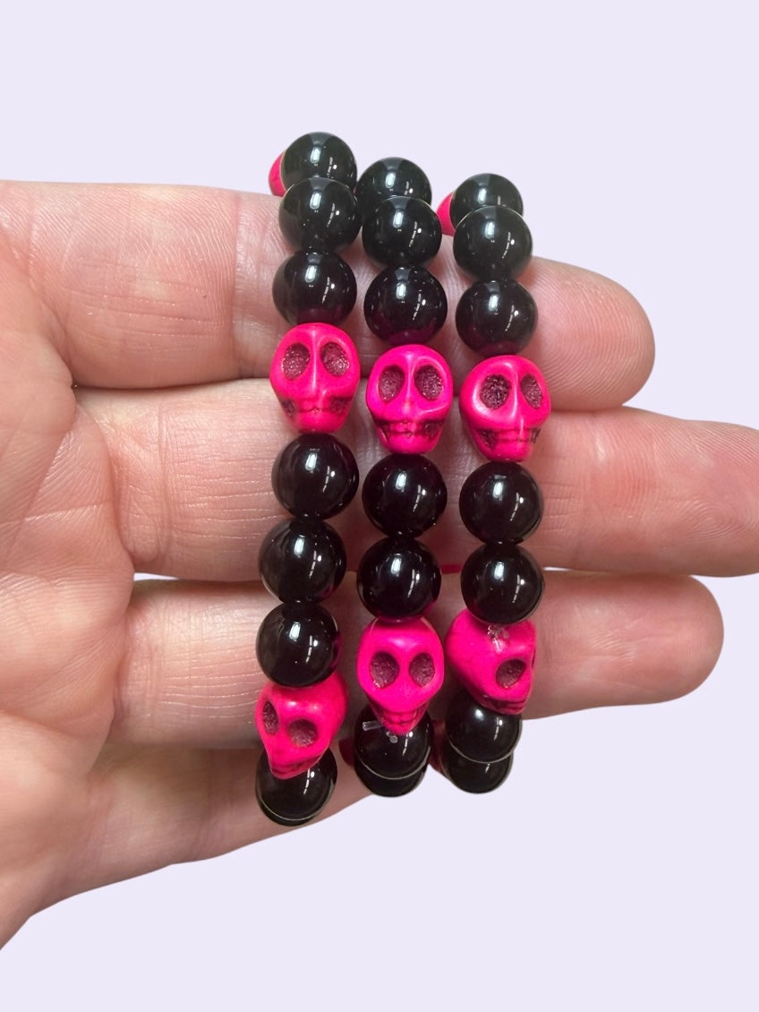 Black Obsidian Pink Skull Bracelet