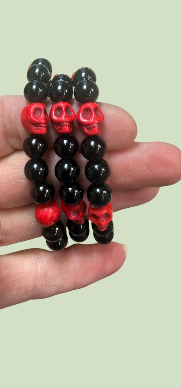 Obsidian Red Skull Bracelet