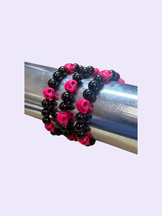 Black Obsidian Pink Skull Bracelet