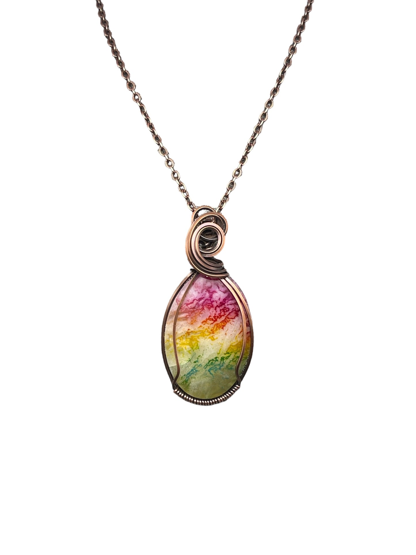 Rainbow Agate Wire Wrapped Genuine Copper Pendant