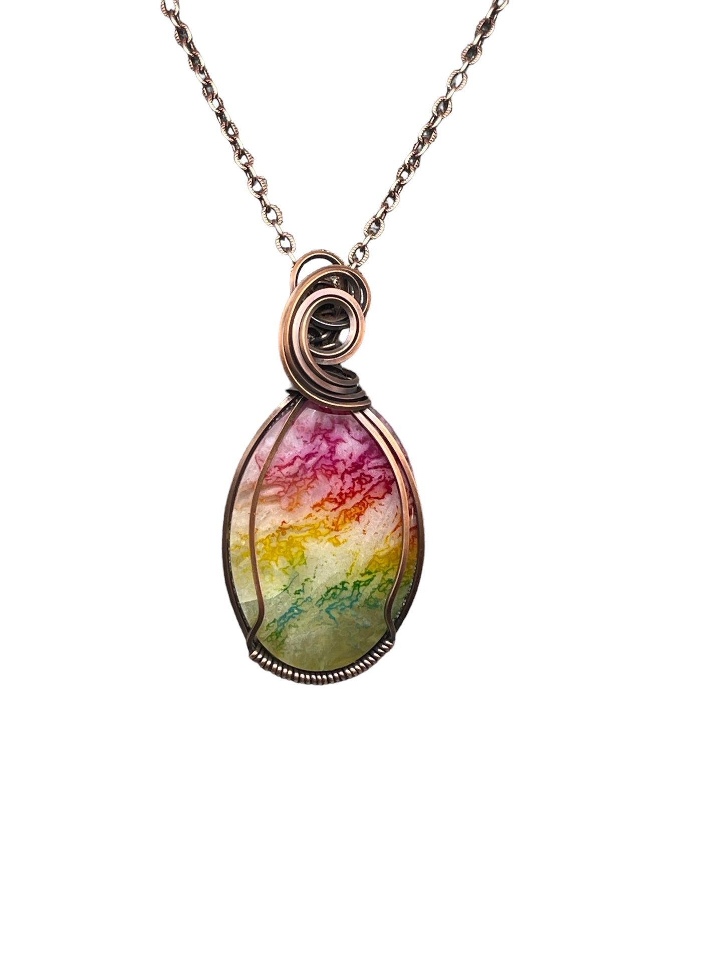 Rainbow Agate Wire Wrapped Genuine Copper Pendant